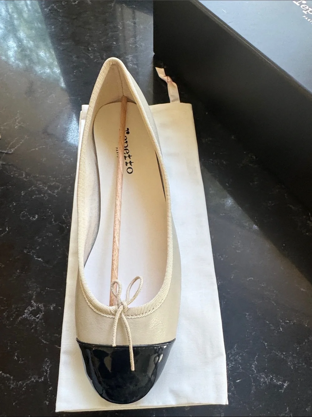 Repetto Camille Two-Tone Cream Ballet heel with Black Patent Cap